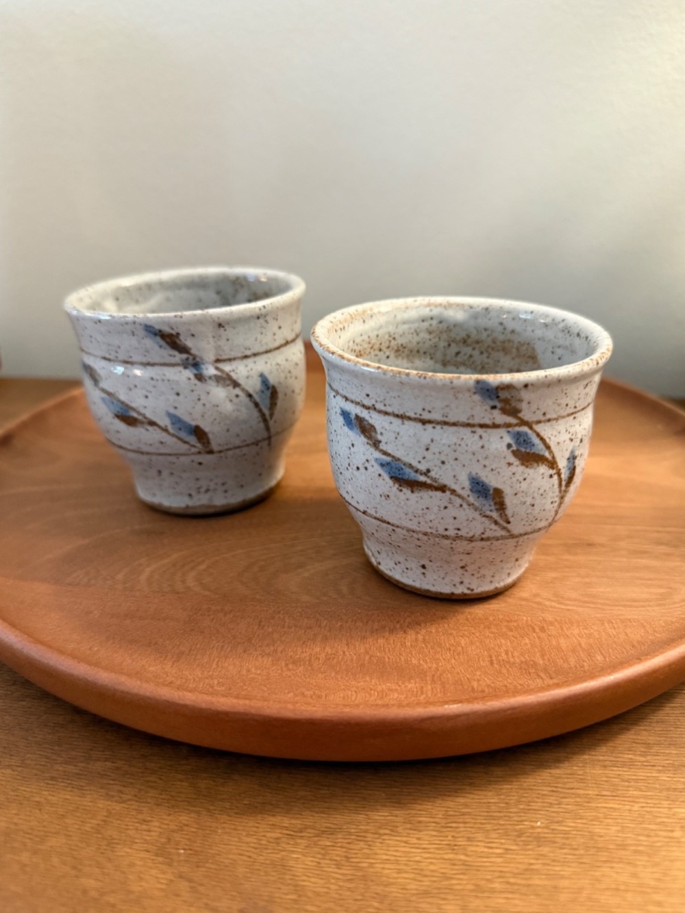 Studio Pottery Stoneware Cups Pair Sake Tea Guinomi Style Botanical Signed 2.75